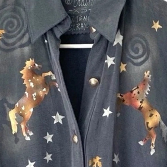 Crain Vintage Designer Hand Painted Cowgirl Horse Equestrian Shirt size XS Blue - Picture 3 of 10